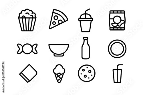 Game Night Snack Icons. Game night snacks. Line icon set of game night snacks: popcorn, pizza slice, soda cup, chips, candy, bowl, bottle, plate, napkin, ice