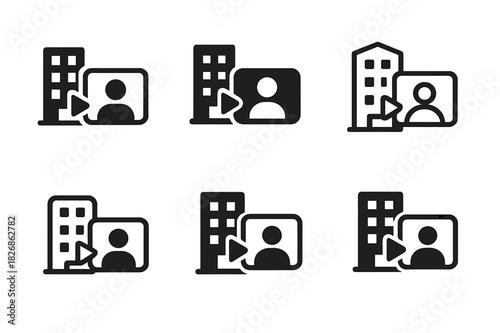Hybrid Work Icons. Hybrid Work Environments. Icon set. Set Logo of team communication: video call and office icons united. harmonious logo variations of the