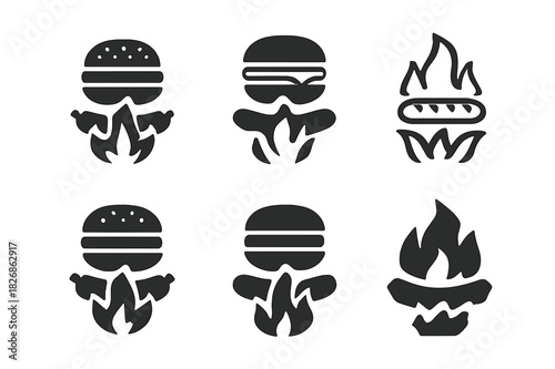 Grilling Icon Variations. Grilling food. Icon set. Set Logo of grilling food: burgers and sausages on fire. harmonious logo variations of the same emblematic