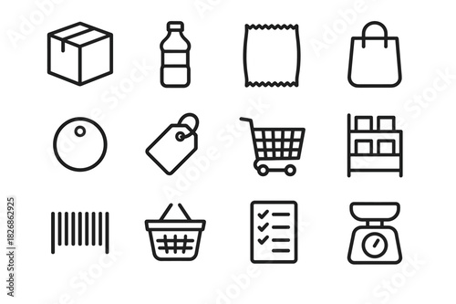 Consumer Goods Icons. Consumer Goods. Line icon set of Consumer Goods: product box, bottle, package, bag, label, tag, cart, shelf, barcode, basket, shopping