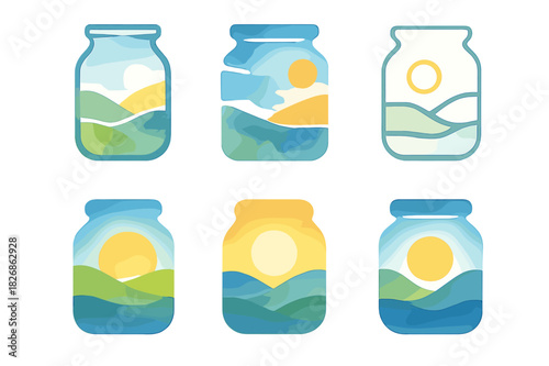 Watercolor Logo Variations. Watercolor Landscape Painting. Icon set. Set Logo of Watercolor Landscape Painting: glass water jar. harmonious logo variations of