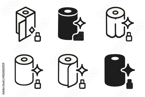 Kitchen Tidying Icons. Tidying up the kitchen counters. Icon set. Set Logo of Tidying up the kitchen counters: paper towel roll. harmonious logo variations of