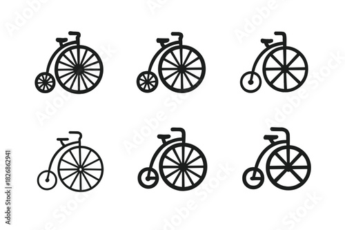 Vintage Transport Icons. Historical transportation methods (ships, planes, automobiles). Icon set. Set Logo of historical transport: vintage bicycle.