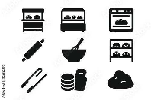 Bakery Icons Set. Bakery setup. Solid icon set of Bakery setup: counter, pastry display, oven, rolling pin, bowl, whisk, tray, shelf, tongs, pastry stack,