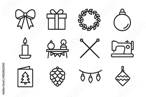 Craft Fair Icons. Craft fair display. Line icon set of Craft fair display: ribbon, gift box, wreath, ornament ball, candle, craft table, knitting needles,