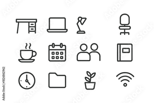Coworking Icon Set. Coworking space. Line icon set of coworking space: desk, laptop, lamp, chair, coffee cup, calendar, people, notebook, clock, folder, plant,
