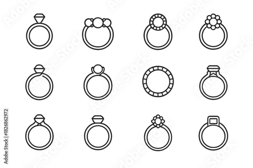 Ring Styles Icons. Ring styles. Line icon set of ring styles: solitaire, three-stone, halo, cluster, tension, bypass, eternity, pave, cathedral, bezel,