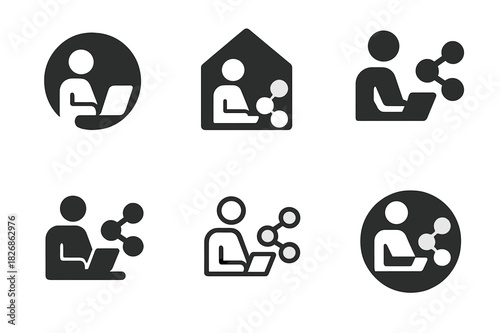 Hybrid Work Logos. Hybrid Work Environments. Icon set. Set Logo of connected productivity: person working remotely in sync with team. harmonious logo
