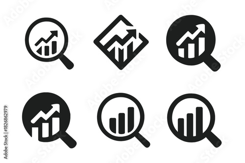 Retail Analytics Logos. Retail trend graph. Icon set. Set Logo of retail analytics: market insights magnifier. harmonious logo variations of the same