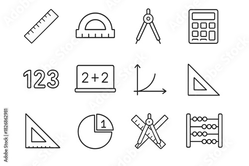Math Tools Icons. Math class. Line icon set of math class: ruler, protractor, compass, calculator, abacus, chalkboard, numbers, equation, graph, triangle,