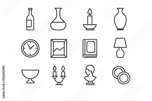 Sophisticated Accessory Icons. Sophisticated Accessories. Line icon set of Sophisticated Accessories: wine bottle, decanter, candle, dark vase, clock, picture