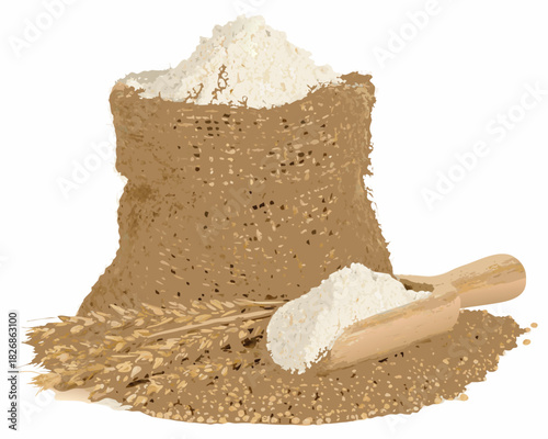 Burlap sack overflowing with flour and wheat stalks with a wooden scoop