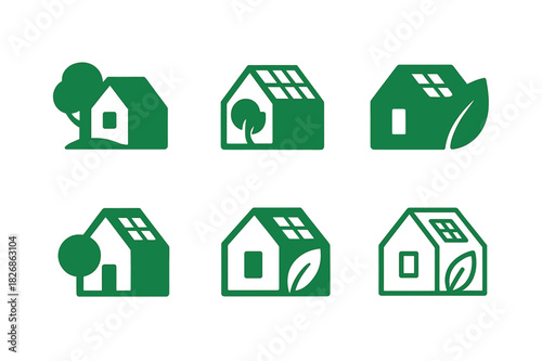 Eco Architecture Icons. Ecological architecture blending with nature. Icon set. Set Logo of ecological architecture blending with nature: solar panel roof.
