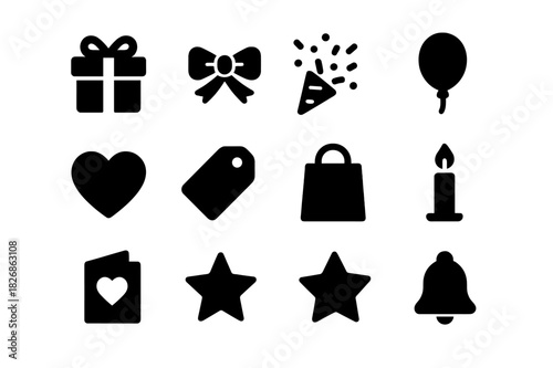 Surprise Gift Icons. Surprise gift. Solid icon set of Surprise gift: box, bow, ribbon, confetti, balloon, heart, tag, gift bag, candle, card, star, bell.