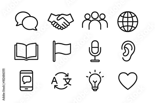Intercultural Icons Set. Intercultural dialogue. Line icon set of intercultural dialogue: speech bubbles, handshake, people group, globe, book, flag,