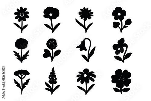 Wildflower Icon Grid. Wildflowers in meadow. Solid icon set of Wildflowers in meadow: daisy, poppy, cornflower, buttercup, dandelion, clover, bellflower,