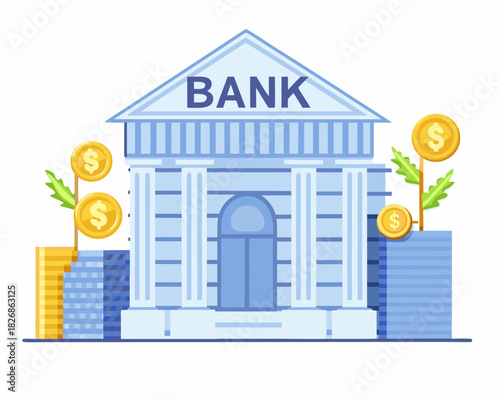 Illustration of a bank building with stacks of coins and dollar signs