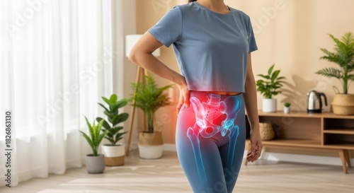 Woman experiences acute hip pain, a vibrant digital x-ray overlay powerfully illustrates the inflamed joint and human skeletal anatomy in a comfortable home setting