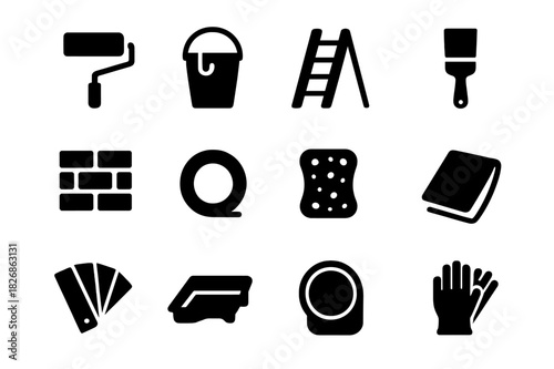 Wall Painting Tools. Wall painting. Solid icon set of wall painting: paint roller, bucket, ladder, brush, wall, tape, sponge, drop cloth, color swatch, roller
