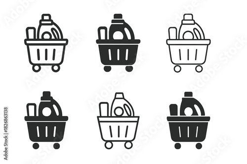 Compact Laundry Icon Set. Compact laundry appliances. Line icon set of compact laundry appliances: mini washing machine, tabletop dryer, handheld iron,