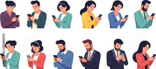 Set of Diverse People Looking at Smartphone Screen Vector Illustration Men and Women Texting, Scrolling Social Media, and Using Mobile Apps.