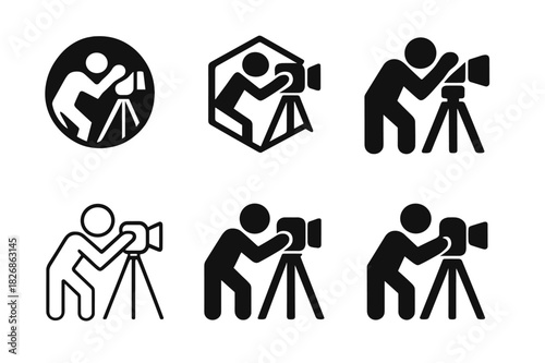 Director Camera Icons. A director adjusting the camera on set for a close-up shot. Icon set. Set Logo of A director adjusting the camera on set for a close-up