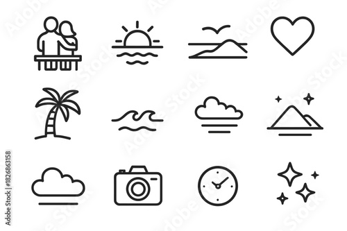 Sunset Icon Serenade. Couple watching the sunset on a peaceful evening. Line icon set of couple watching the sunset on a peaceful evening: couple silhouette,