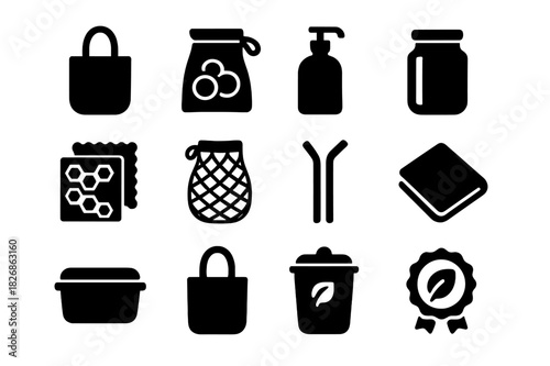 Eco-Friendly Icon Set. Reusable items. Solid icon set of Reusable items: canvas bag, produce bag, refill bottle, glass jar, beeswax wrap, mesh sack, metal