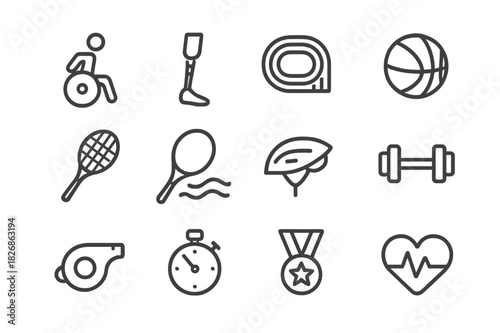 Adaptive Sports Icons. Adaptive sports programs. Line icon set of adaptive sports programs: wheelchair athlete, prosthetic leg, running track, basketball,