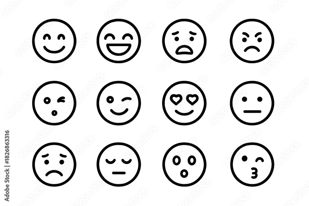 Fototapeta premium Emoji Line Icons. Emoji reactions. Line icon set of emoji reactions: smiling emoji, laughing emoji, crying emoji, angry emoji, surprised emoji, wink emoji,