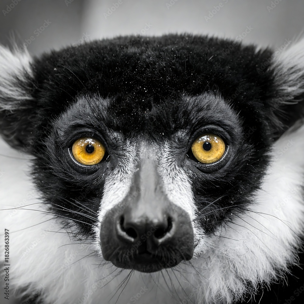 Obraz premium Black and white primate, with striking yellow eyes, gazing intently