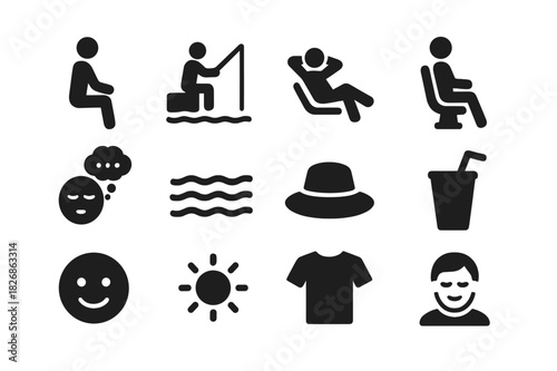 Leisure Icon Set. Relaxation and leisure. Solid icon set of Relaxation and leisure: sitting figure, fishing posture, relaxed pose, boat seat, daydream icon,