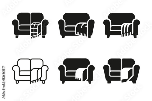 Family Movie Icon Set. Organizing a family movie marathon. Icon set. Set Logo of Organizing a family movie marathon: cozy couch with blanket. harmonious logo