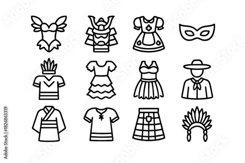 Festival Costume Icons. Festival costumes. Line icon set of festival costumes: carnival outfit, samurai armor, folk dancer dress, masquerade mask, tribal