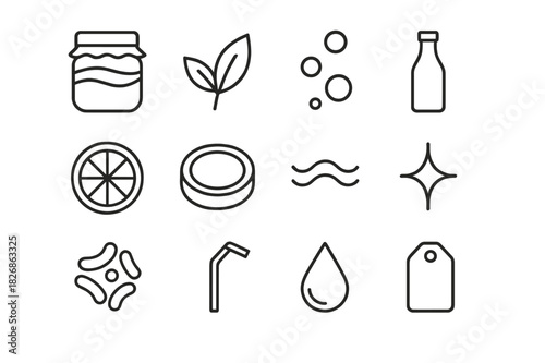 Fermented Drink Icons. Fermented Drinks. Line icon set of Fermented Drinks: kombucha jar, tea leaf, bubble, bottle, citrus, jar lid, wave, spark, probiotic