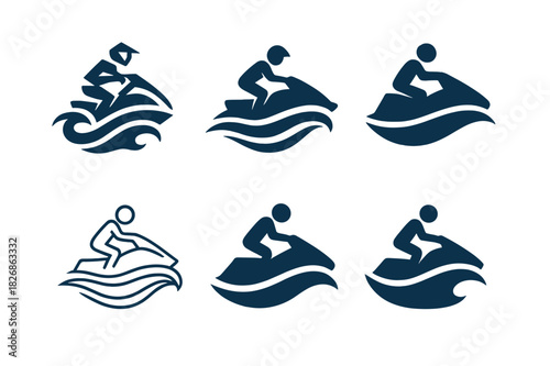 Jet Ski Logo Variations. Jet skiing. Icon set. Set Logo of Jet skiing: wave crest and wake trail. harmonious logo variations of the same emblematic concept,
