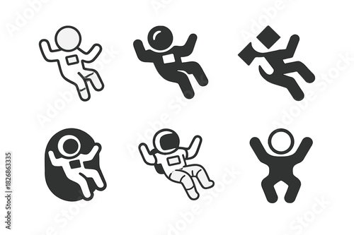 Weightless Astronaut Logos. Weightlessness. Icon set. Set Logo of weightlessness: Floating astronaut pose. harmonious logo variations of the same emblematic