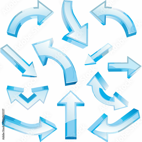 Collection of blue glass arrows pointing in different directions