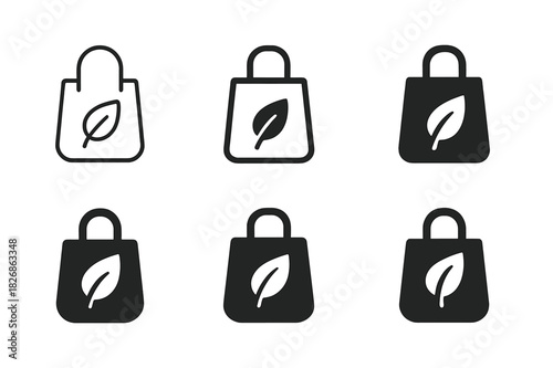 Biodegradable Material Logos. Biodegradable materials. Icon set. Set Logo of biodegradable materials: bag with leaf symbol. harmonious logo variations of the