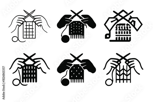 Knitting Logo Variations. Knitting a scarf. Icon set. Set Logo of knitting a scarf: hands holding knitting needles with yarn forming fabric. harmonious logo