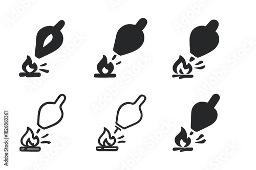 Fireplace Lighting Icons. Lighting the fireplace. Icon set. Set Logo of Lighting the fireplace: bellows directing air into embers. harmonious logo variations