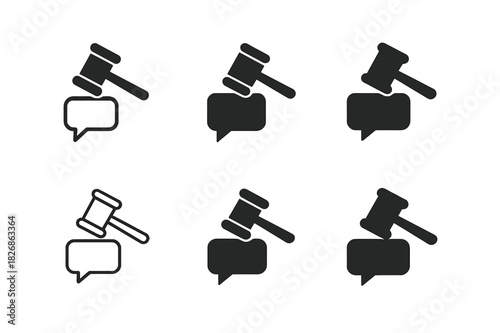 Debate Icon Logos. Public speaking classes and debate competitions. Icon set. Set Logo of Public speaking classes and debate competitions: gavel with speech