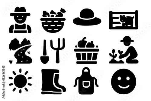 Farm Life Icons. Farm life. Solid icon set of Farm life: farmer, basket of vegetables, gardening hat, animal pen, walking path, hand tools, harvest basket,