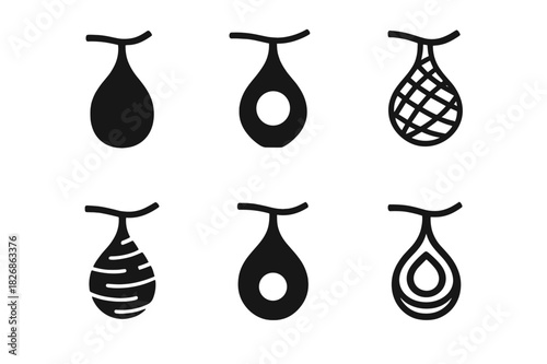 Weaverbird Nest Logos. Nest. Icon set. Set Logo of nest: weaverbird hanging gourd-shaped nest. harmonious logo variations of the same emblematic concept, each