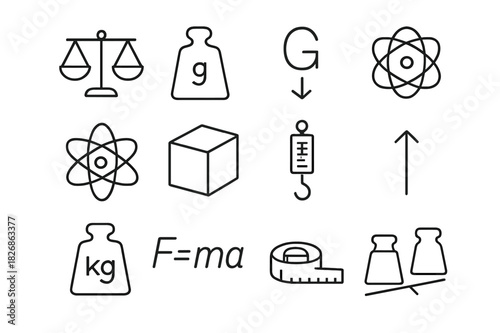 Physics Icons Collection. Mass. Line icon set of mass: scale balance, weight, gravity symbol, atom, density cube, spring scale, kilogram unit, physics formula,