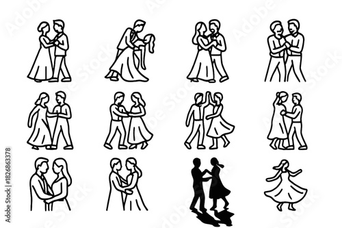 Wedding Dance Icons. Wedding dance moments. Line icon set of wedding dance moments: first dance start, romantic dip, close embrace, laughing couple,