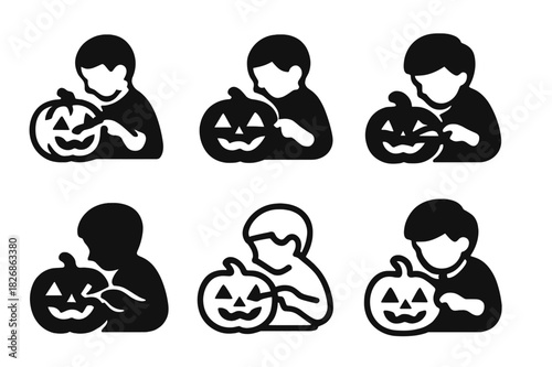 Pumpkin Carving Logos. Children Carving Pumpkins for Halloween. Icon set. Set Logo of Children Carving Pumpkins for Halloween: child hands carving. harmonious
