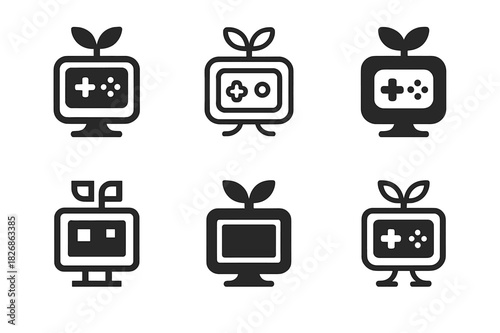 Indie Game Logos Grid. Indie games. Icon set. Set Logo of indie games: indie studio emblem. harmonious logo variations of the same emblematic concept, each