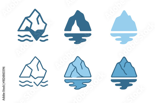 Climate Change Icon Set. Climate change effects on natural landscapes. Icon set. Set Logo of environment: glacier fragmenting into water. harmonious logo