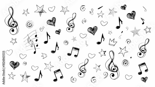 Hand drawn music notes hearts and stars pattern background